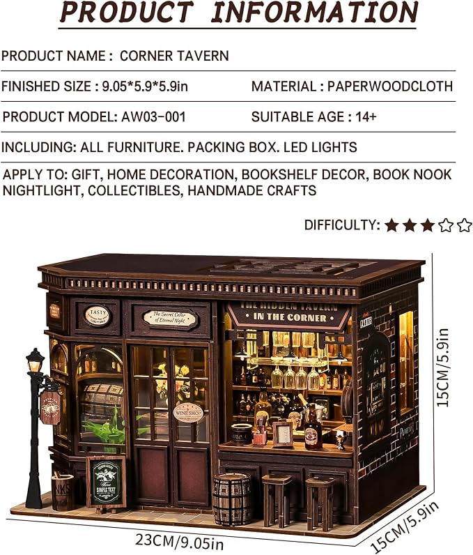 Roroom DIY Miniature House Kit, Vintage Corner Tavern Dollhouse Kit | Wooden 3D Puzzles for Adults with LED, Bookshelf, Desk and Bedside Room Decor, Relaxing Craft Project, Creative Gift