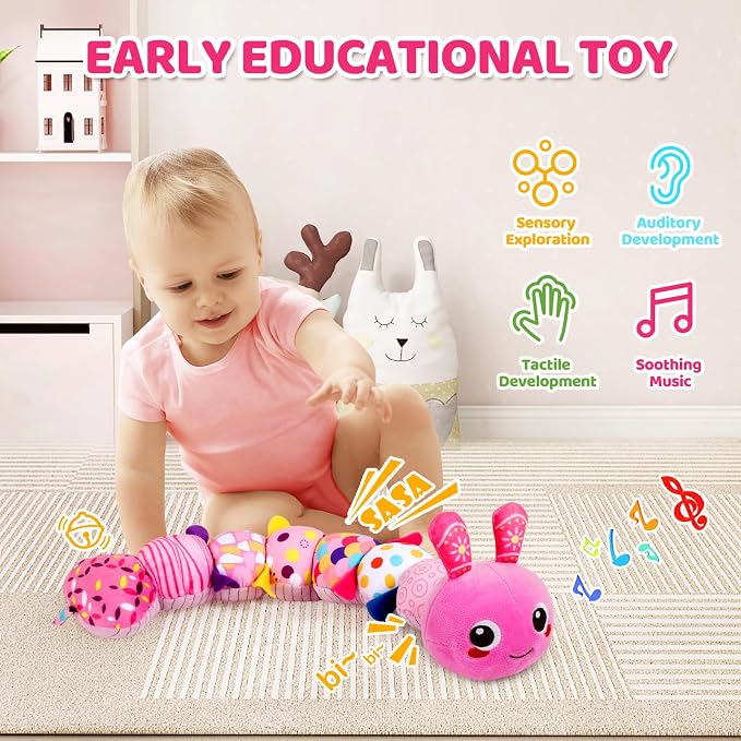 KMUYSL Baby Sensory Caterpillar Toys for 0-6 6-12 Months, Soft Plush Activity Toy with Crinkle, Rattle & Gentle Music, Tummy Time Toy for Infant Newborn, Early Development Toy Shower Gifts for Baby