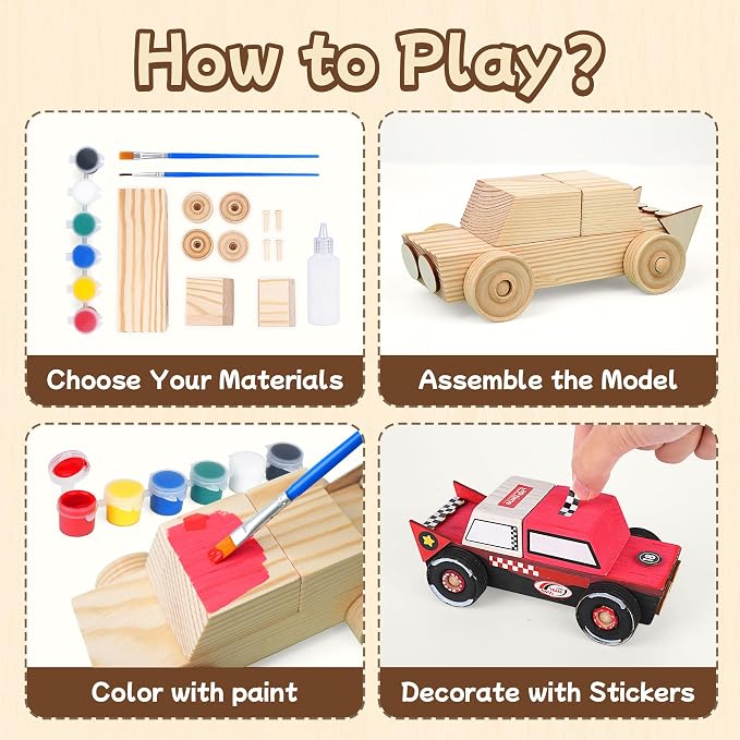 Wooden Build Paint Art Crafts Kit 3 Pack, Make Your Own Car Boat & Plane DIY Craft Toys for Kids Boys, STEM Educational Toy Set for Kids Ages 4-8, 8-12