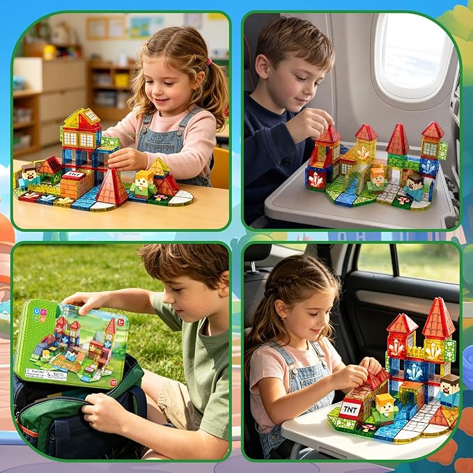 JIMI Mini Magnetic Tiles, 100pcs Building Tiles Magnetic 3D Blocks with Metal Storage Box, Portable Travel Set STEM Building Blocks for Kids Ages 3+, Educational Construction Toys for Boys Girls