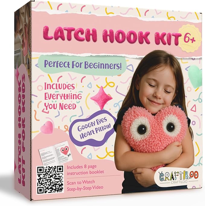 CRAFTILOO Latch Hook Kit for Kids Rug DIY Pillow Craft with Hook, Precut Yarn, Easy to Follow Pattern Cute Designs with Googley Eyes Heart Ages 6+