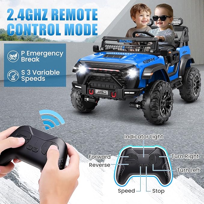 Hikole 24V 2 Seater Ride-on Car with Remote Control, Electric Car for Kids, 4x100W Motor, Spring Suspension, LED Headlights, Music, Power Wheel for Boys and Girls, Blue