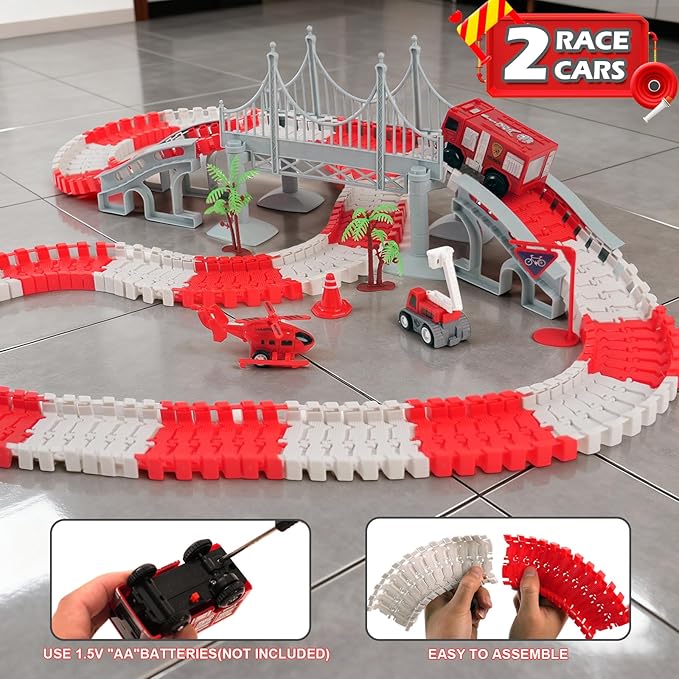 GIAT Race Car Track Toy for Kids - Birthday Gift for Boys Ages 3 4 5 6 7 Year Old, Flexible DIY Playset with Helicopter and Fire Truck, 330+ PCS Interactive Set