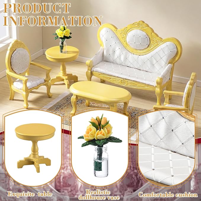 Skylety 7 Pcs Wooden Dollhouse Furniture Set 1: 12 Scale Victorian Dollhouse Bedroom Furniture, Bed Dressing Table Wardrobe Carpet for Adults Toys Miniature Doll House Accessories(Gold,Fashion)