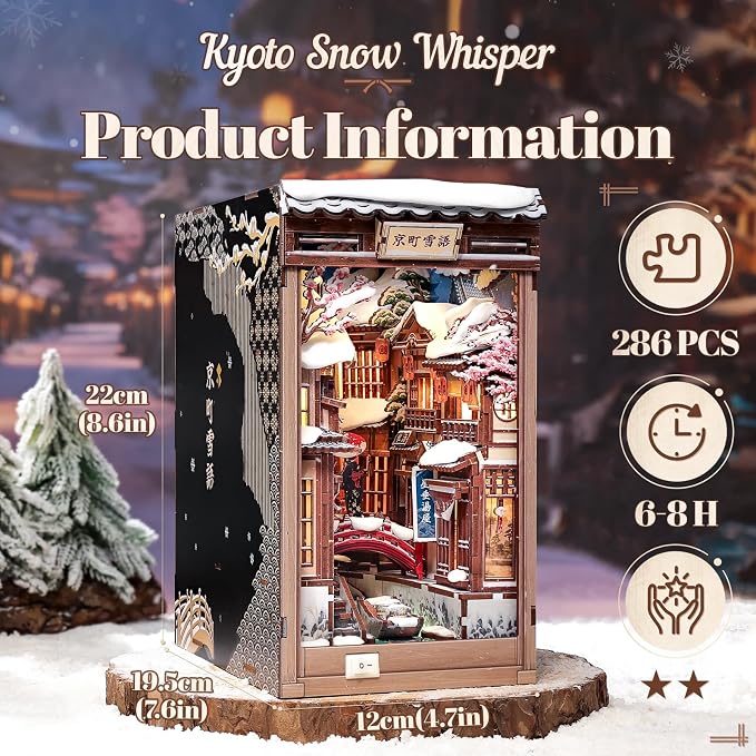 Fsolis Book Nook Kit for Adults – Japanese DIY 3D Wooden Puzzles | Japan Winter Scene Miniature House Building Bookshelf Diorama Gift for Women Puzzle Lovers (Kyoto Snow Whisper)