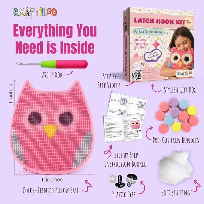 CRAFTILOO Latch Hook Kit for Kids Rug DIY Pillow Craft with Hook, Precut Yarn, Easy to Follow Pattern Cute Designs with Wise Owl Ages 6+