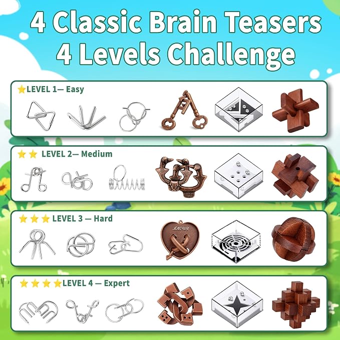TAHAVICE 24 PCS Brain Teaser Puzzles Set, Wooden & Metal 3D Unlock Interlock Game, Kongming Luban Lock Wire Disentanglement IQ Puzzle, Logic Challenge Educational Gift for Adults Teens Kids