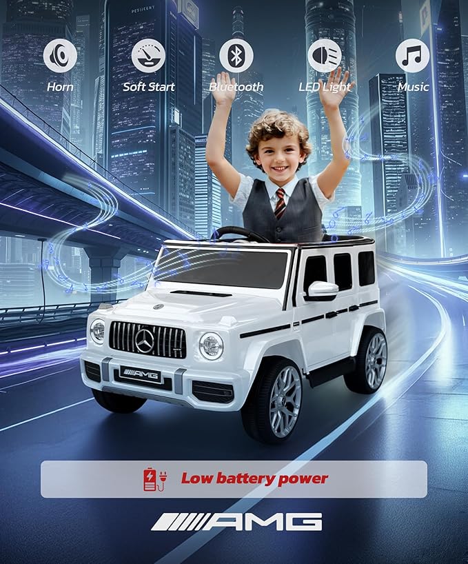 ELEMARA Licensed Mercedes-Benz AMG G63 Ride on Toys,Electric Car for Kids W/Parents Control,Electric Powered G Wagon Ride On Truck Toy,Low Battery Prompt,Bluetooth,Flickering Lights/LED Lights, White