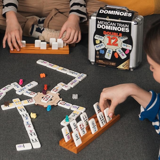 Queensell Mexican Train Dominoes Set with Numbers, Double 12 Dominoes Sets for Adults, Mexican Domino Train for Adults and Family - Domino Sets 91 Tiles with Aluminum Case