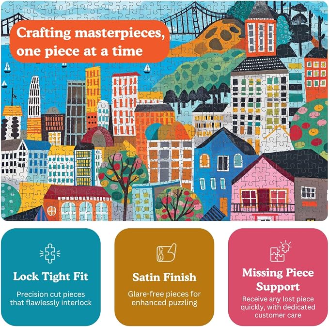 Cross & Glory - Bay Breeze & Bright Lights - 1000 Piece Jigsaw Puzzle for Adults | Vibrant San Francisco Folk Art Puzzle | Unique Puzzle Challenge for Art Lovers