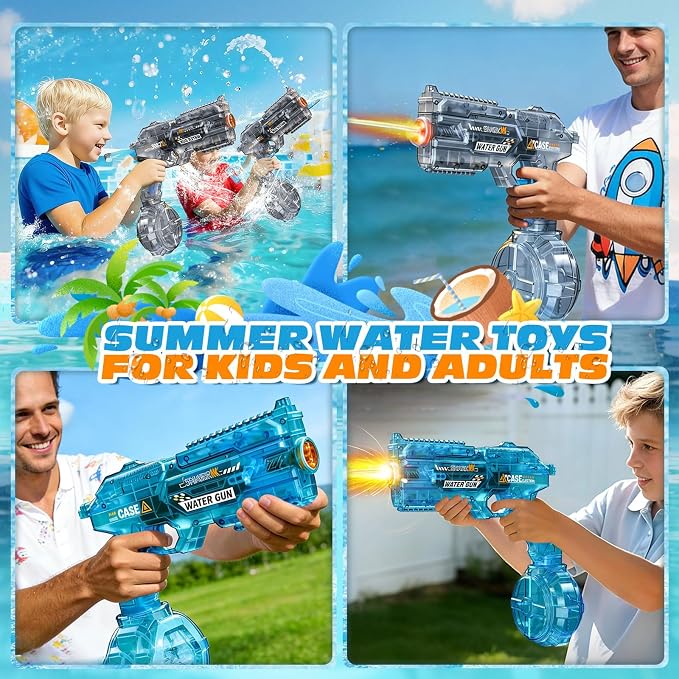 2 Pack Electric Water Gun for Adults & Kids, Automatic Squirt Gun with 26 FT Range, Light Up Muzzle, Rechargeable Battery, 320cc Drum Reservoir, Outdoor Beach Pool Party Toy Gift for Boys Girls