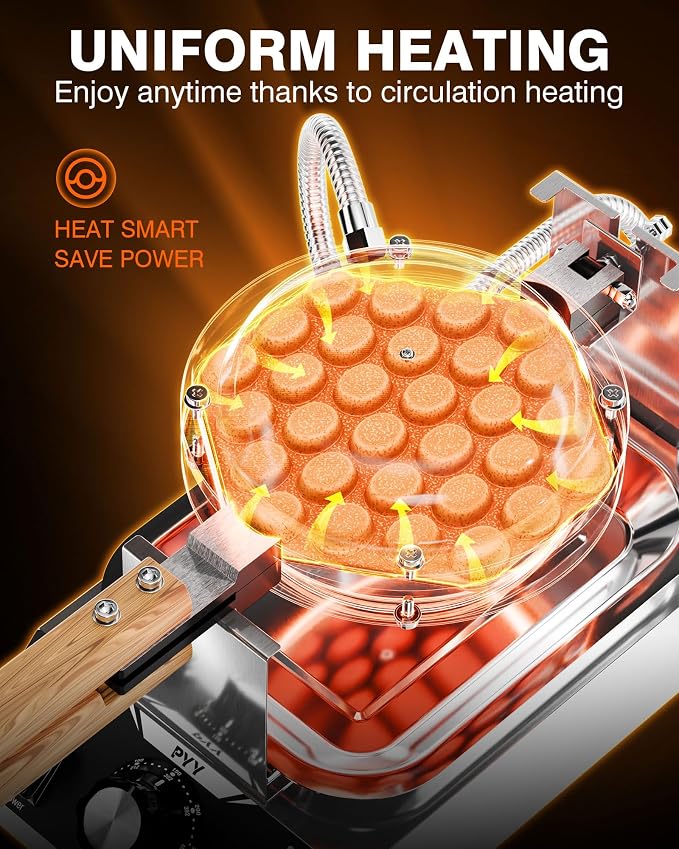 PYY Bubble Waffle Maker - Commercial Egg Puff Waffle Iron Machine, 180° Rotating, Non-stick Coating, 1500W Hong Kong Electric Stainless Steel, 122-482℉, 30 Egg Cones
