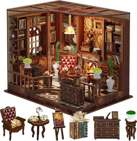 SUNNINO Book Nook Kits for Adults, DIY Miniature Dollhouse Kit 3D Wooden Puzzles for Adults and Beginners with Led Light, Book Nook Bookshelf Decor Craft Gifts for Family Friends