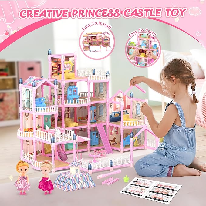 Doll House for Girls, Dream Dollhouse 4-Story 15 Rooms with 2 Dolls, Lights, Animals, Furniture and Accessories, Pretend-Play Toddler Playhouse Gift for 3 4 5 6 7 8 9 10+ Year Old Girls Toys