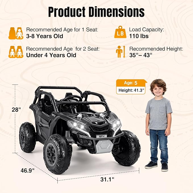Firstness 24V Ride on Toys 800W Electric Remote Control Ride on Cars for Kids 2-Seater Riding Cars for Kids Ages 3-8, 3 Speed Mode, Music, LED Light, Off-Road UTV Ride on Truck for Boys & Girls, Black