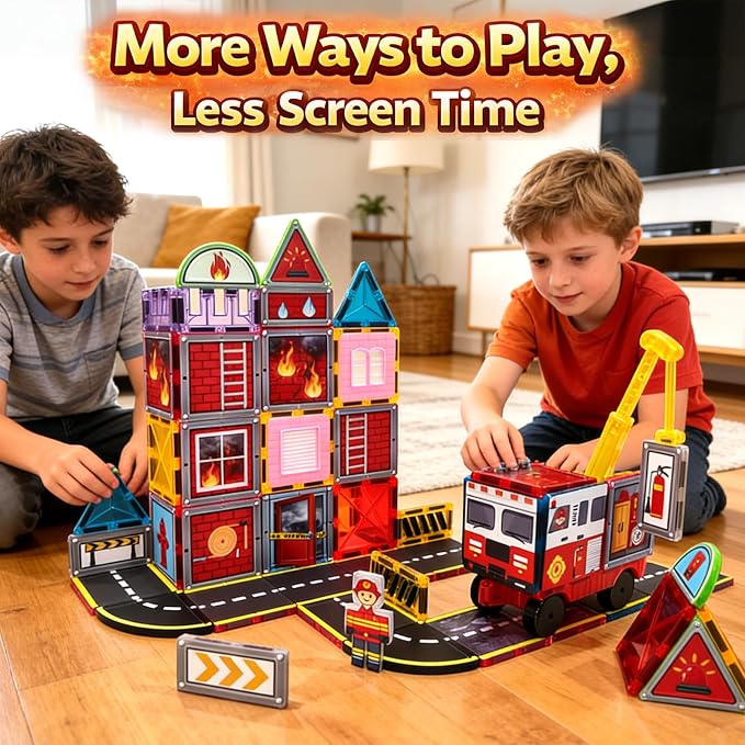 LATI Fire Rescue Magnetic Tiles for Kids,Double-Sided Fire & Rescue Blocks with Fire Truck, Station, Roads & Crane, STEM Magnetic Building Blocks for Boys & Girls Ages 3-8