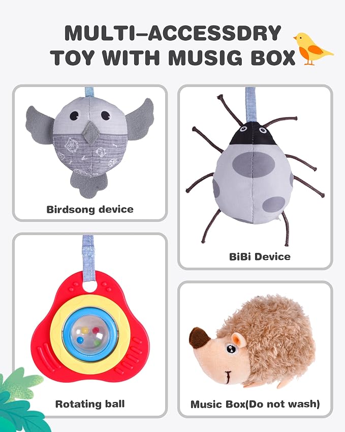 Jollybaby Crib Stroller Car Seat Toys for Baby 0-3-6-9-12 Months, Tummy Time Hanging Sensory Toys for Newborn with Music Box and Teether, Spiral Carseat Toy for Boys Girls Gifts (09-Sz Gray Elephant)