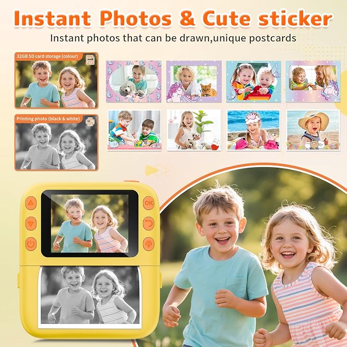 Instant Print Camera for Kids, Christmas Birthday Gifts for Girls Boys, 1080P Instant Digital Print Cameras for Toddler,Portable Toy for 4 5 6 7 8 9 10 Year Old Girl with 32GB SD Card，Yellow