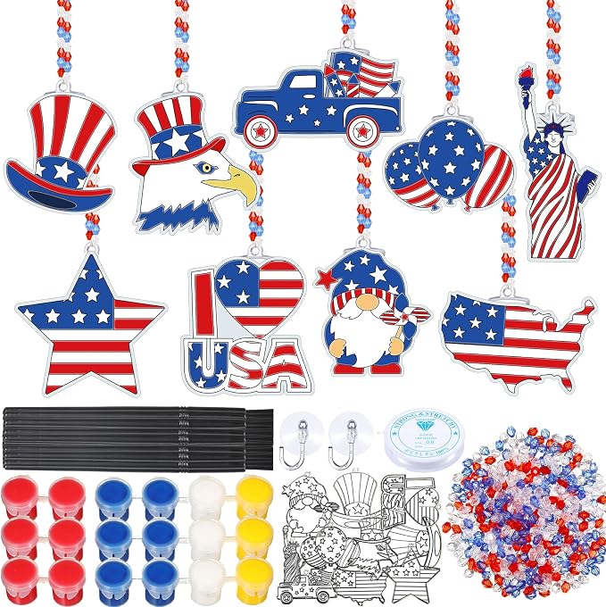 Pasimy 36 Sets 4th of July Arts Kit Patriotic Suncatchers Paint Your Own American Flag Window Hanging Ornaments Decorations Red Blue White Art Gifts for Independence Day Party Classroom Activity