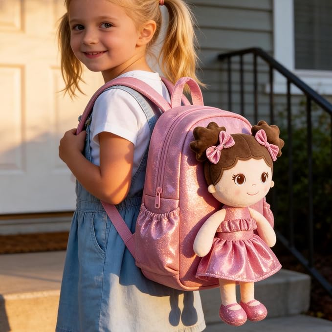 Lazada Toddler Backpack - Baby Girl Gifts Curly Fingerprints Plush Doll Dress Backpack - Fashion Girls Curly Rolled Fingerprints Series - Peach 11 Inches
