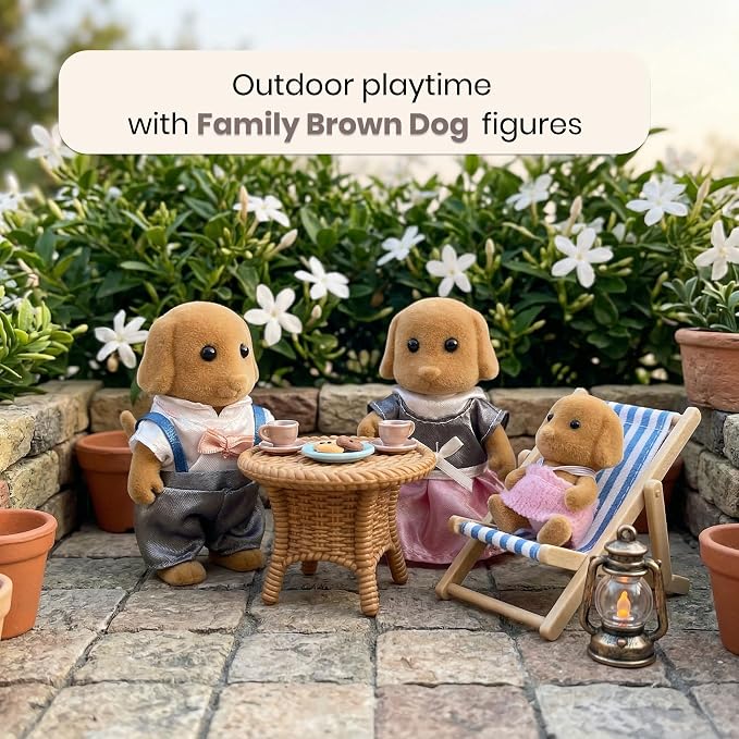 Family Brown Dog Figures — Set of 3 Collectible Flocked Mini Dolls with Removable Clothes, Dollhouse Pretend Play Set for Kids Ages 3+