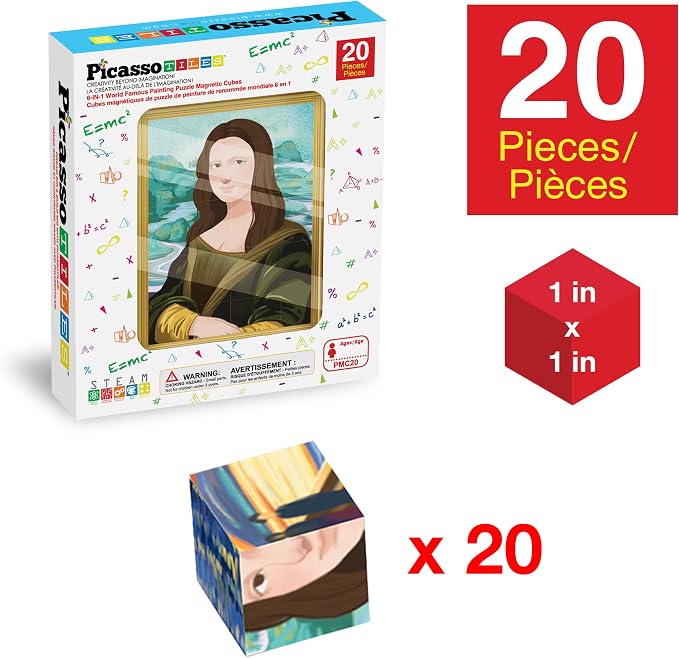 PicassoTiles 20pcs 1” Magnetic Puzzle Building Cubes Blocks for Kids, Van Gogh, Mona Lisa Hand Puzzle, STEM Magnet Toy Mix&Match Educational Popular Art Kids Toys 3+ Year Old boy Girl PMC20