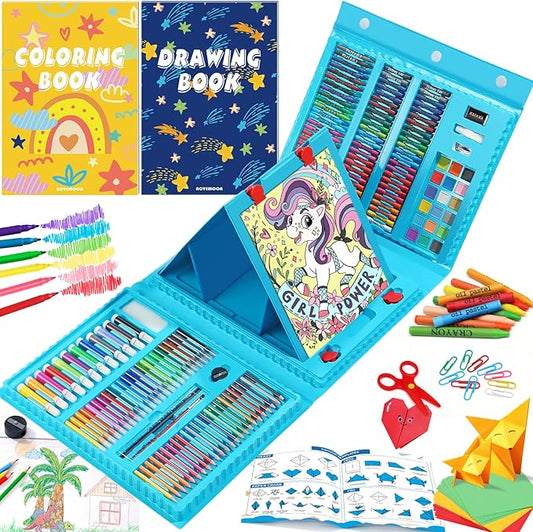 All in One Art Supplies, Art Kit Includes Origami & Paper-Cutting Crafts, Easel, Colored Pencils, Crayons, Drawing Book, Coloring Book, Watercolor Markers and More, Art Set for Kids Girls Boys, Blue