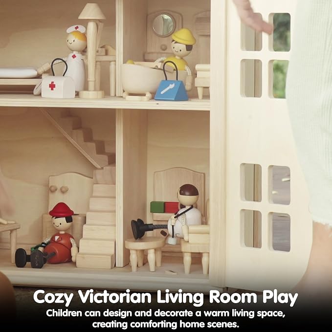 PlanToys® Wooden Victorian Living Room Set | Montessori Dollhouse Living Space for Social Interaction, Family Play & Imaginative Storytelling | Eco Friendly Wooden Dollhouse Living Room Furniture
