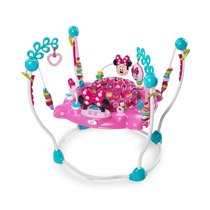Bright Starts Disney Baby MINNIE MOUSE PeekABoo Baby Activity Center Jumper with 8 Toys, Lights & Sounds, 360-Degree Seat, 6-12 Months (Pink/Blue)