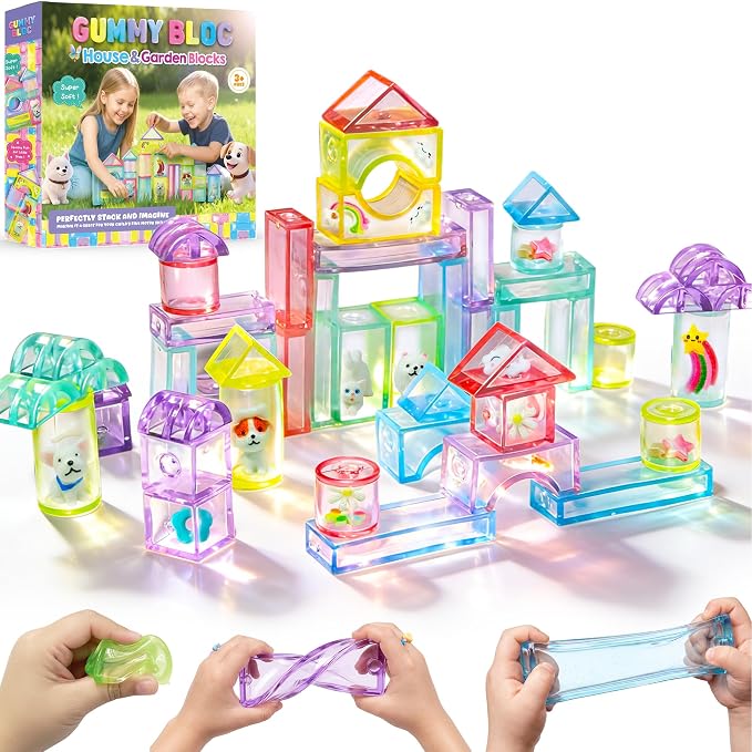 Gummy Bloc 33PCS Sensory Building Blocks for Toddlers,Soft Squishy Montessori Stacking Toy, House Garden Theme, Squeezable & Stretchable Fidget Blocks for Creative Play,Educational Preschool STEM Toy