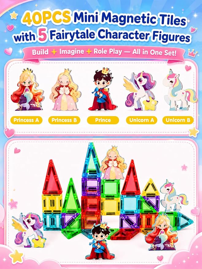 45PCS Mini Magnetic Tiles for Kids Ages 3-8, Travel Magnetic Building Blocks Set with 5 Fairytale Figures, STEM Toys for Girls Boys, Portable Tin Case, Princess Unicorn Magic Castle