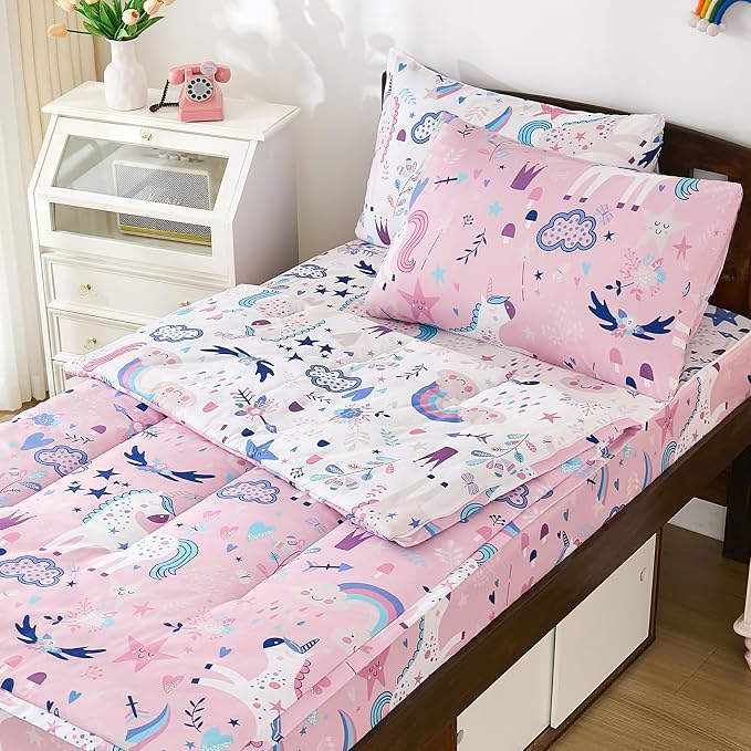 DJY Zipper Bedding Set Twin, Pink Unicorn Bedding Sets for Girls, Kids Comforter Set with Fitted Sheet Pillowcases, All in One Zipper Bed Set for All Seasons