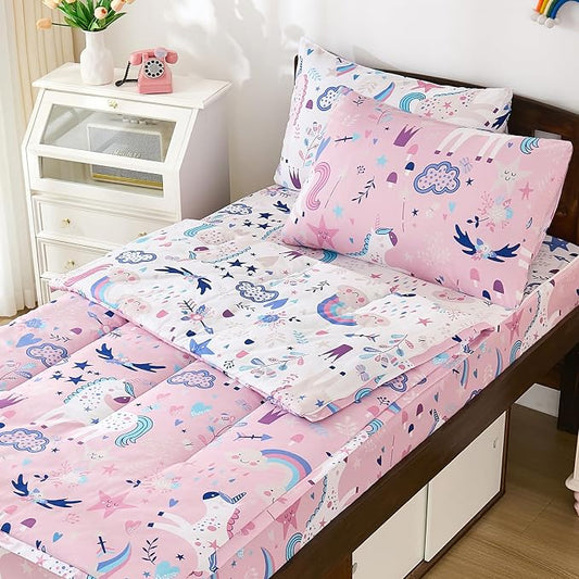 DJY Zipper Bedding Set Full, Pink Unicorn Bedding Sets for Girls, Kids Comforter Set with Fitted Sheet Pillowcases, All in One Zipper Bed Set for All Seasons