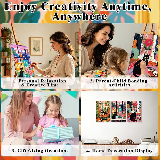 FLUXOJOY 6 Pack Painting by Number Kits for Adult, DIY Canvas Color Painting Kit for Kids or Beginner with Paint Brushes Acrylic Pigment Drawing Paintwork 20x30cm Without Frame (Cat-6 Pack)