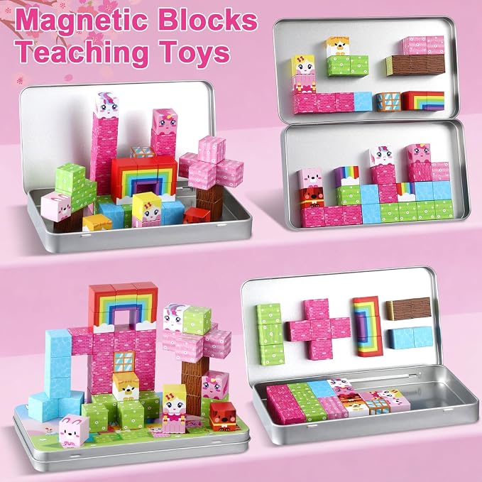 QOUBAI 45PCS Mini Magnetic Blocks Travel Toys, Magnet Building Cubes Tiles Set with Portable Iron Case, Learning Activities Gifts for Kids Toddlers Boys & Girls Ages 3-8 (Unicorn Rainbow)