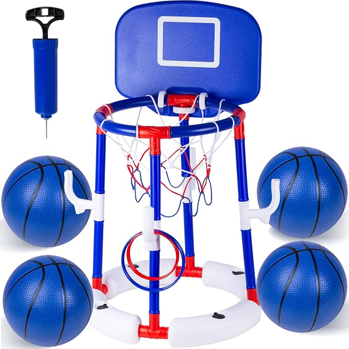 Taotuo Blue Floating Pool Basketball Hoop with Backboard, 2-in-1 Poor Toy Basketball & Ring Toss Game with 4 Balls, 6 Rings&Pump, Summer Pool Toys Outdoor Water Fun Family Party for Age 3-12