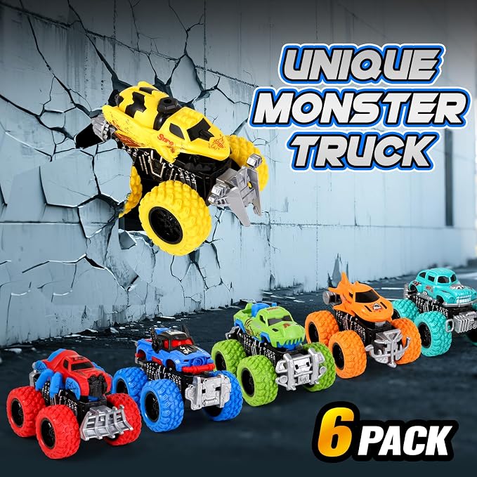 Monster Truck Toys for Kids, 6 Pack Friction Powered Push and Go Cars, Great Christmas Birthday Party Gifts for Boys Girls Age 3-5 4-7