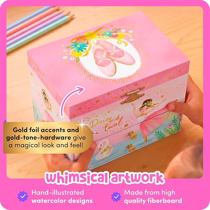 Giggle & Honey Musical Ballerina Jewelry Box for Girls - Kids Music Box with Spinning Ballerina, Ballet Birthday Gifts for Little Girls, Jewelry Boxes, 6.8 x 5.3 x 6 in - Ages 3-10, Pink