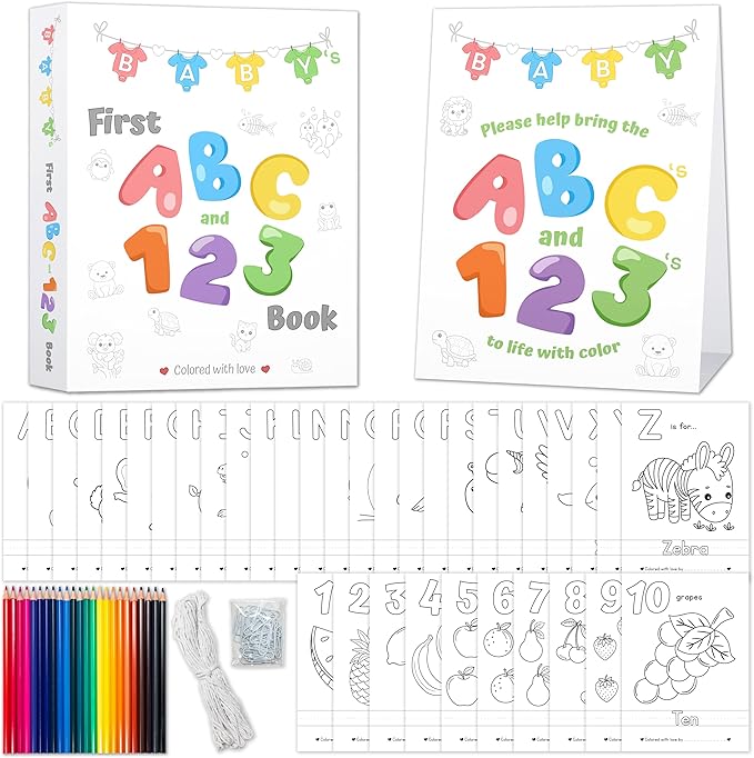 Party Hearty Baby's First ABC & 123 Book Baby Shower Activity, Guest Book Alternative with Alphabet Coloring Pages, Educational Keepsake & Activities for Guests - Baby Shower Games Craft Kit