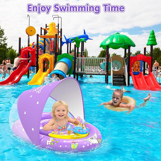 EZIGO Baby Pool Float with Canopy UPF50+ Sun Protection, Inflatable Kids Pool Floats with Ocean Animal Toys for Baby 6-36 Months, Infant Swimming Float with Adjustable Safety Seat for Boys Girls