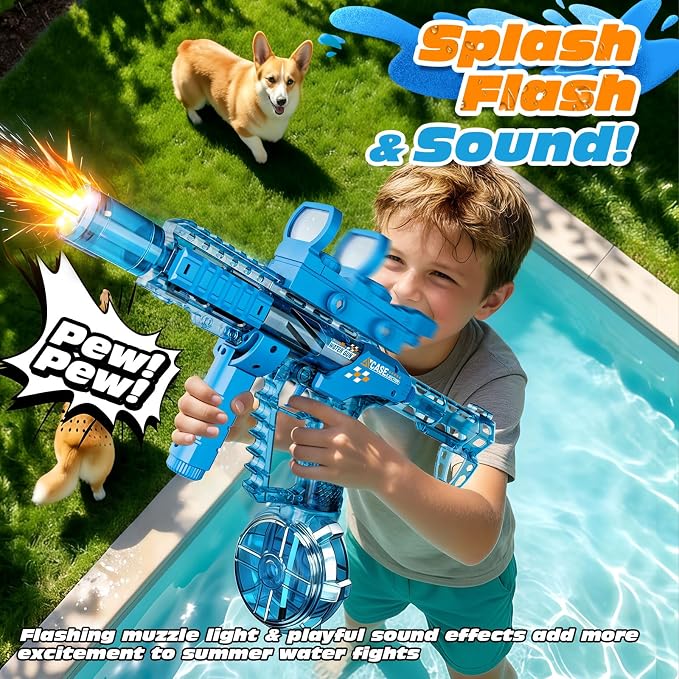 Electric Water Gun for Adults & Kids, Automatic Squirt Gun with 26 FT Range, Flashing Muzzle, USB Rechargeable Battery, 320cc Drum Reservoir, Outdoor Beach Pool Party Toys for Boys Girls,Blue