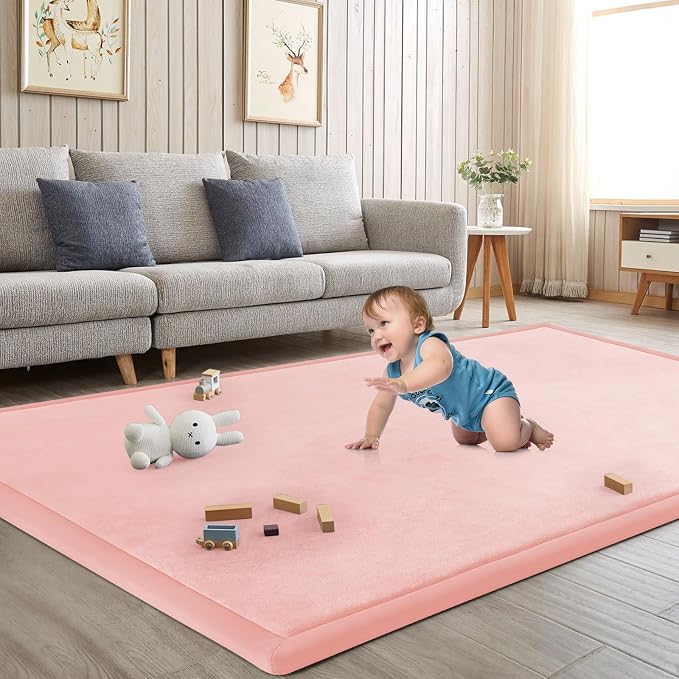 Baby Play Mat for Floor Nursery Rug Muscle Mat Area Rug Playroom Rug 59"x71" Playpen Mat Elastic Foam 1.3" Thick Crawling Mat for Babies,Toddlers, Infants, Kids,Light Pink