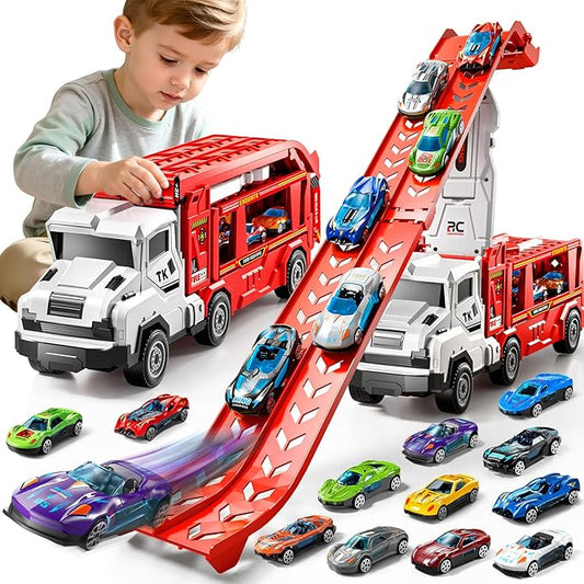 3-in-1 Kids Carrier Truck Toy Car Tracks for Toddlers 2-4 Years Old with 12 Racing Cars Toys, Foldable Chasing Race Track and Car Garage, Car Ramps Birthday Gift for Boys Girls 3-5 4-8(Red)