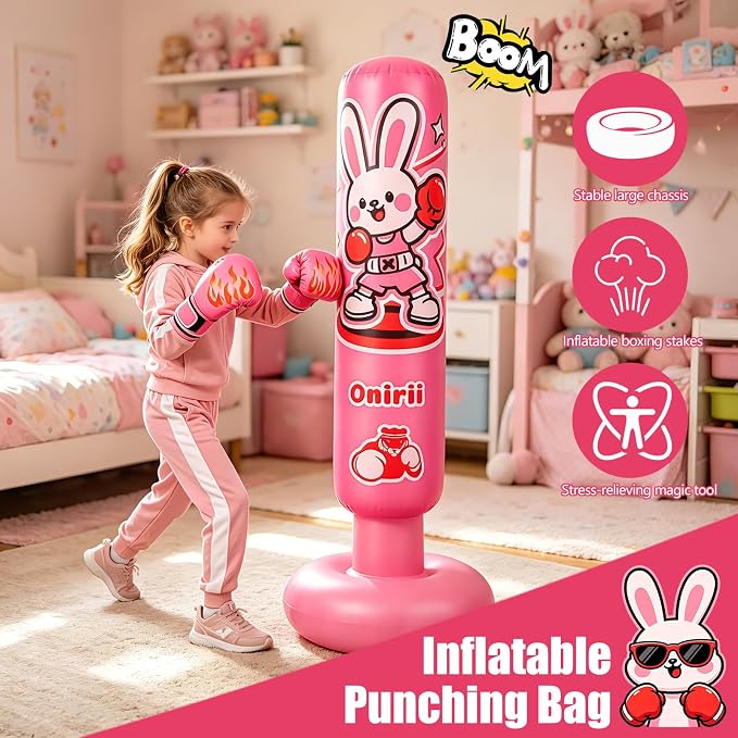 Onirii Kids Inflatable Punching Bag | Large Stable Kids Inflatable Boxing Bag Toy Set with Gloves for Boys & Girls Age 3-12 for Taekwondo,MMA and Practicing Karate