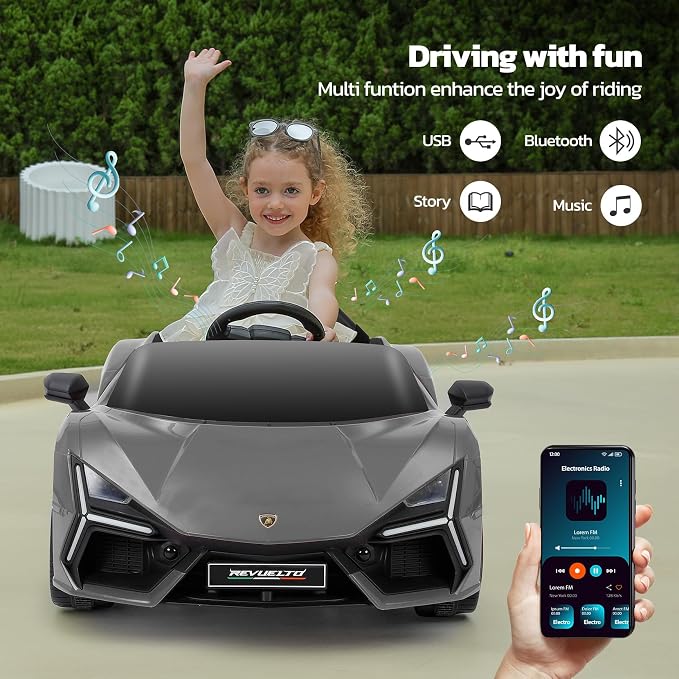 ELEMARA Lamborghini Toy Car for Kids to Drive with Scissor Doors,Electric Cars for Toddlers with Parent Remote, Kid 12V Children's Car with Bluetooth,MP3 Player, LED Light and Wide Seat, Gray