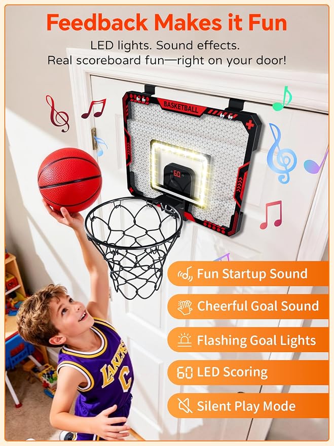 BATURU Over The Door Basketball Hoop for Kids – Indoor Basketball Toy with LED Scoreboard, Lights & Sound, Easy to Hang – Fun Gifts for Boys Ages 6–10