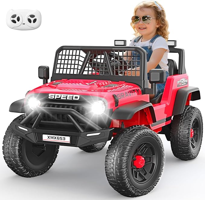 Hikole 24V Kids Ride on Car with Parent Remote Control, Electric Truck Car Toys for Toddler Boys Girls Ages 3-8, Spring Suspension, Safety Belt, Music Player, 3 Gear Shift, LED Light, Red