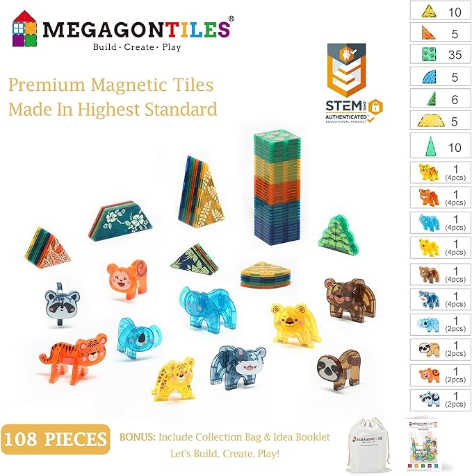 MEGAGONTILES Zoo Animals Magnetic Tiles Set 108PCS | STEM-Authenticated Magnetic Building Blocks with Animal Figures | Educational Construction Toy for Toddlers & Kids Ages 3–8 (Boys & Girls)