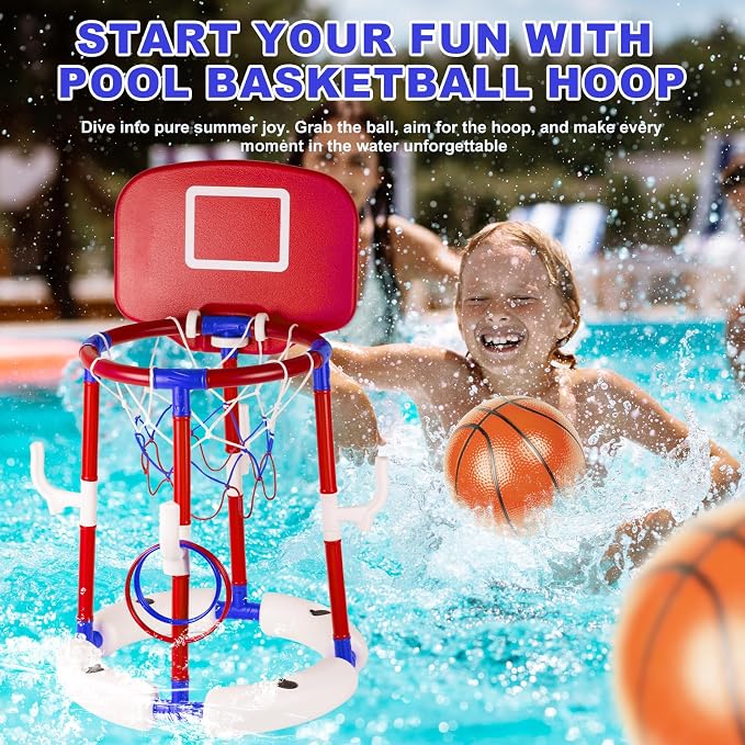 2-in-1 Floating Pool Basketball Hoop, Stable Water Basketball Hoop with Backboard, Basketball Hoop & Ring Toss Pool Games, Summer Fun & Outdoor Family Birthday Pool Toys for Kids & Adults