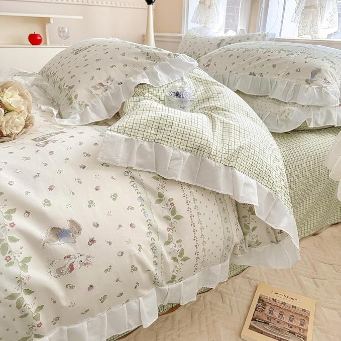 LifeTB Ruffle Floral Comforter Girls Flower Comforter Set Queen Aesthetic Leaves Floral Bedding Comforter with Cute Rabbit Reversible Green Plaid Comforter Princess Bedding Botanical Comforter Set